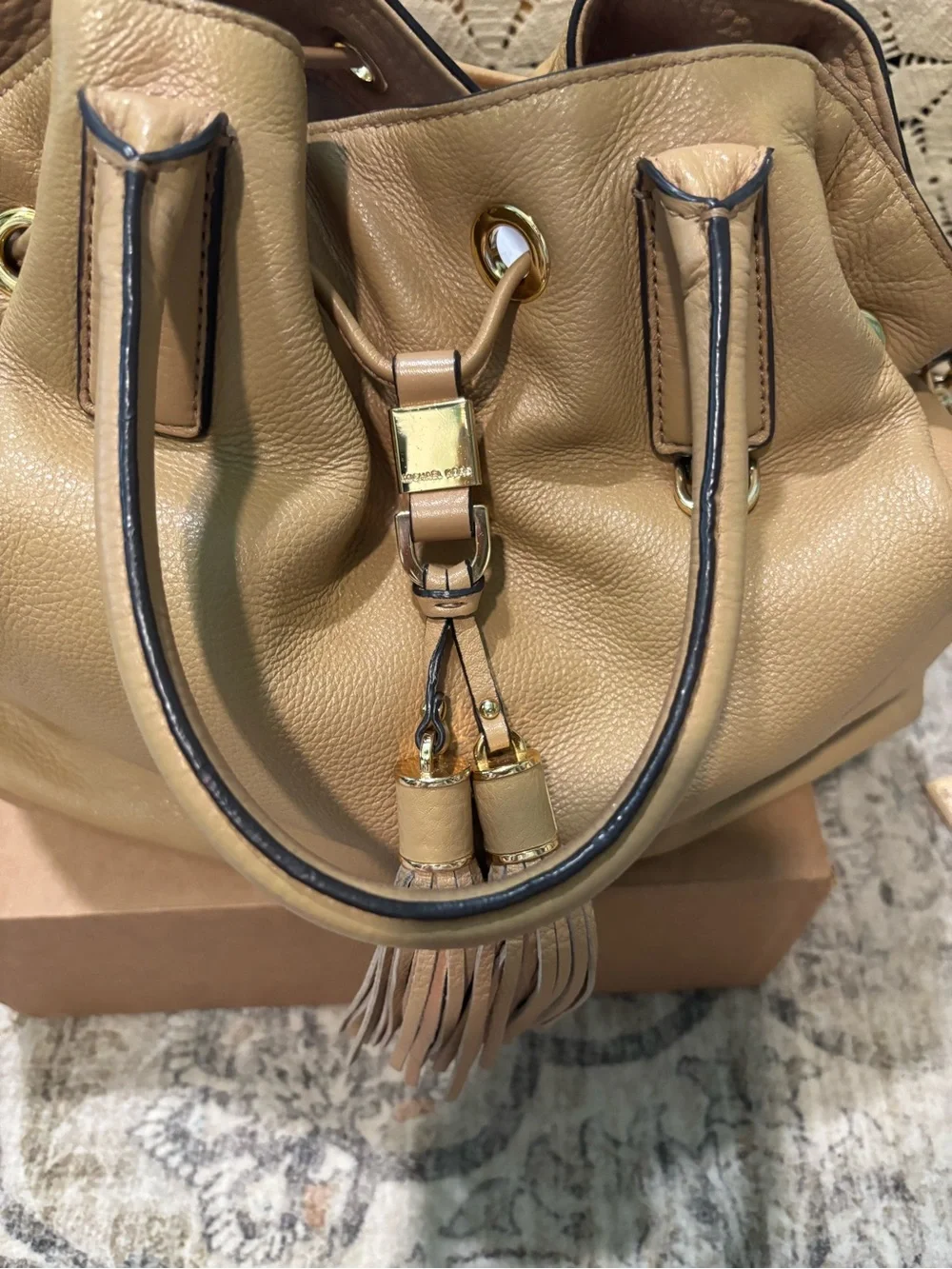 Women’s Tassel Drawstring Satchel Bag in Tan - Stylish Everyday Handbag